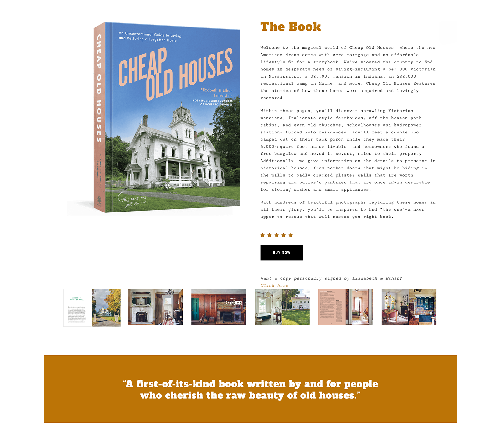 Cheap Old Houses Book page showing the book presentation, editorial description, gallery and purchase call to action