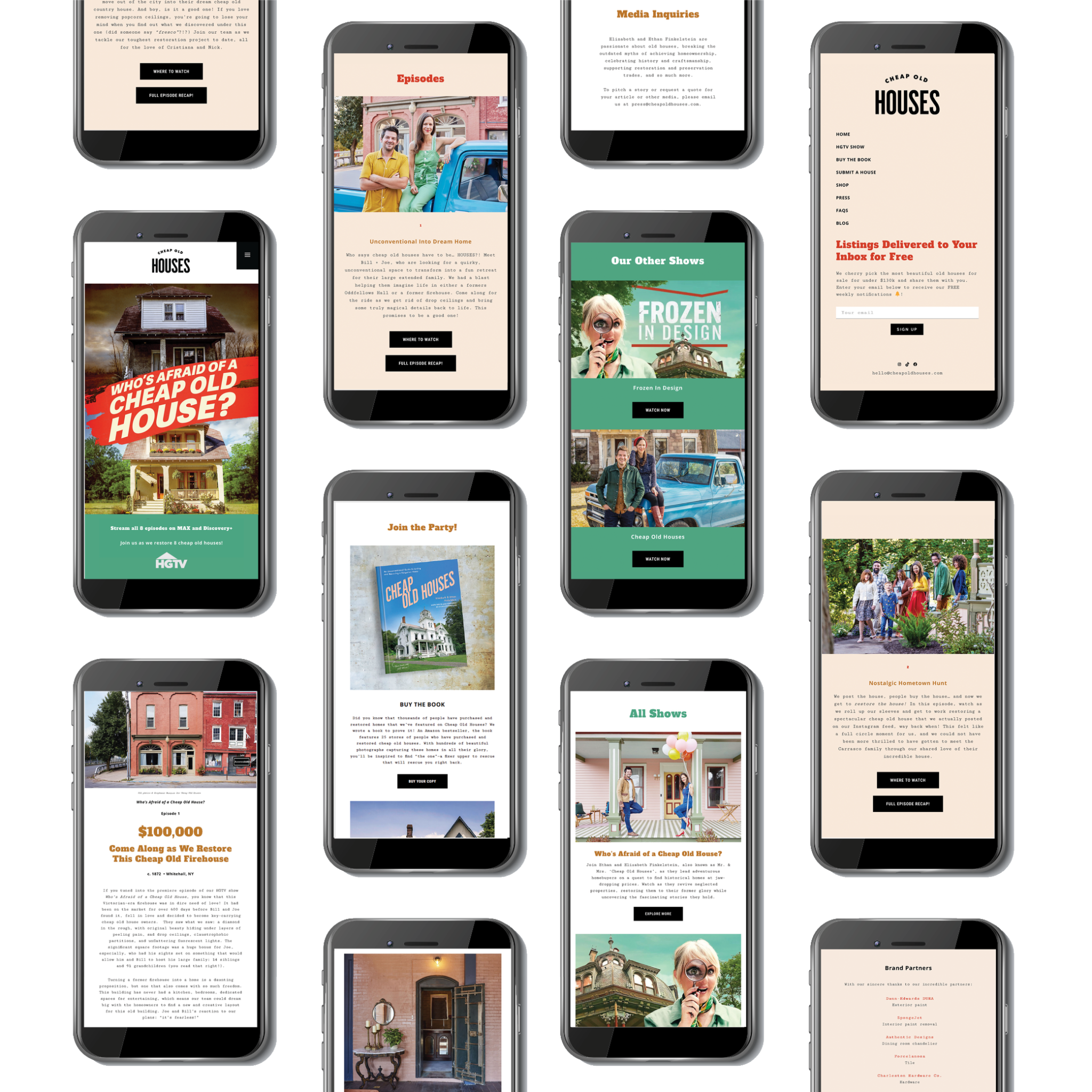 Cheap Old Houses responsive website shown across multiple mobile screens