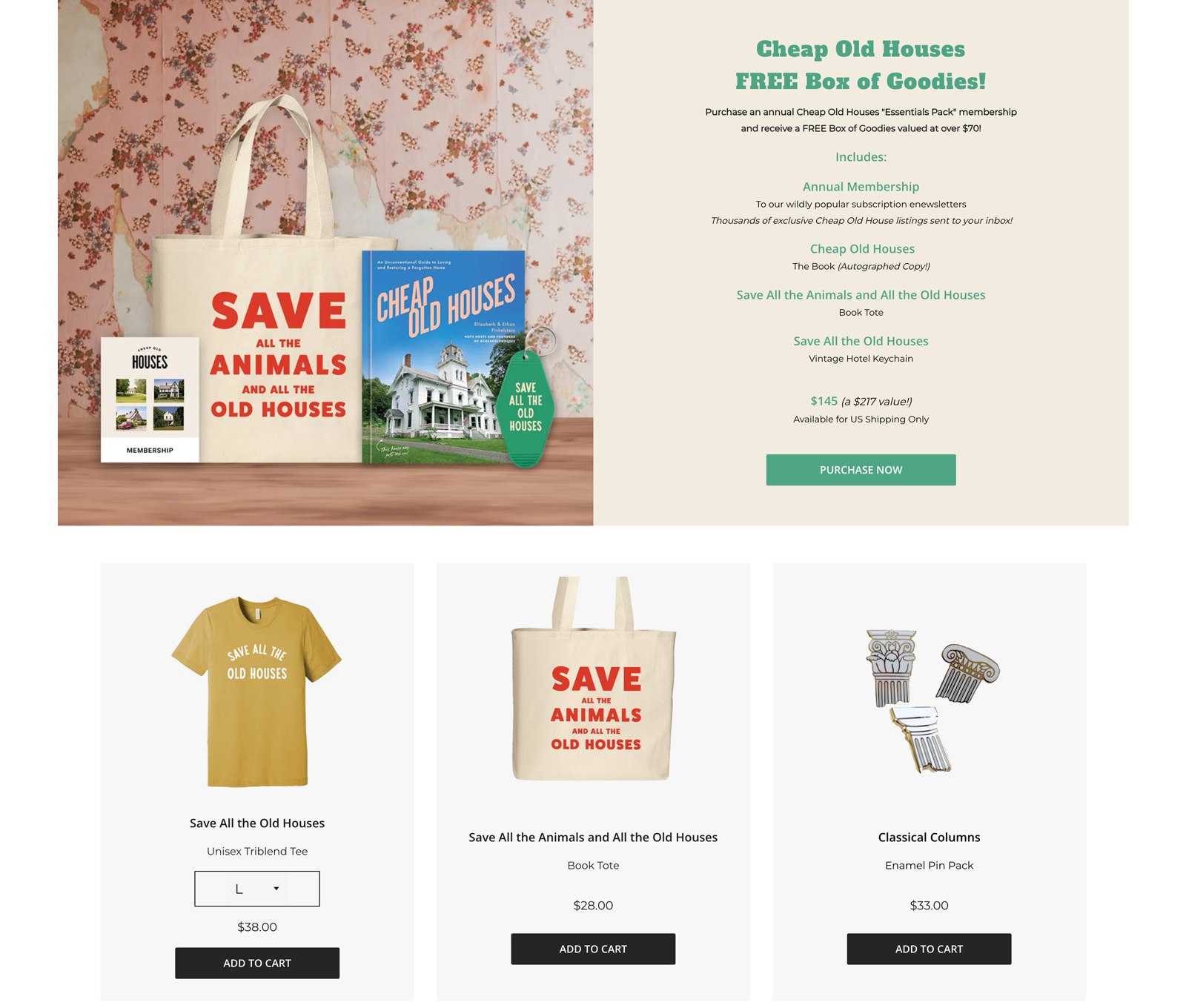 Cheap Old Houses Shop page showing the membership bundle and merchandise product grid