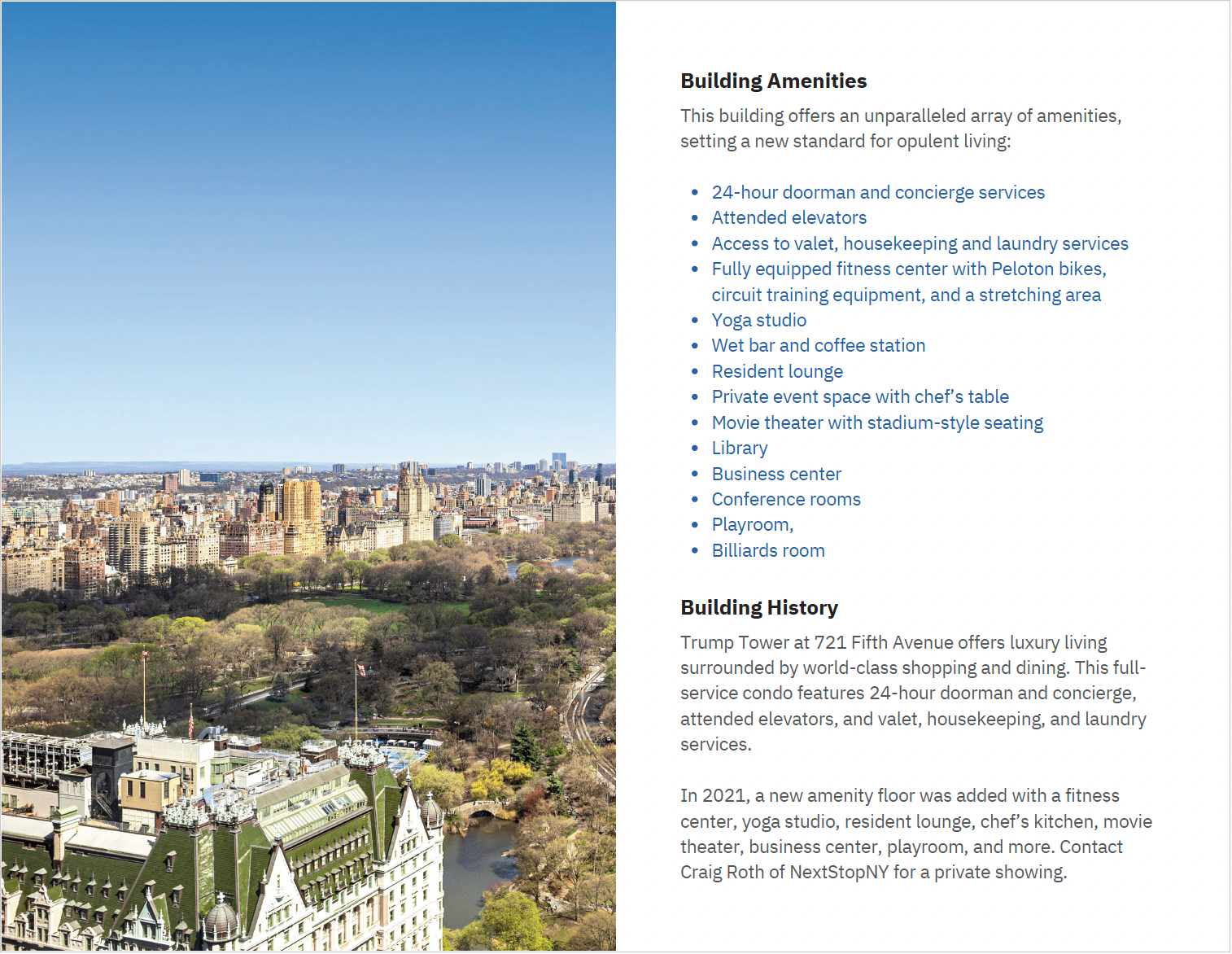Pitchbook page showing building amenities and history