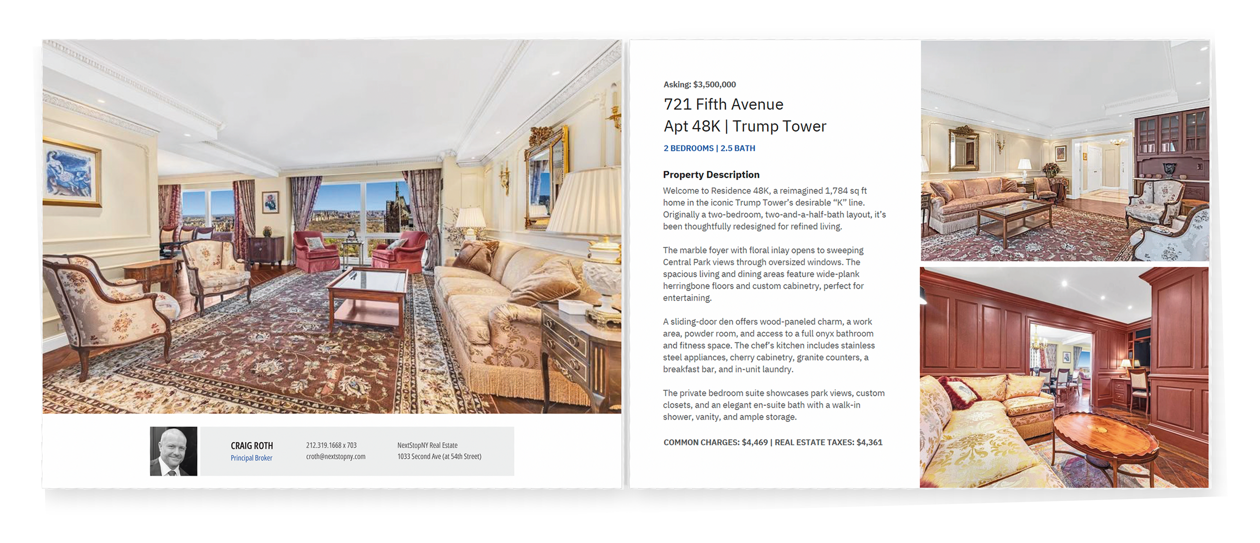 Open NextStopNY property pitchbook showing a living room introduction and 721 Fifth Avenue property description
